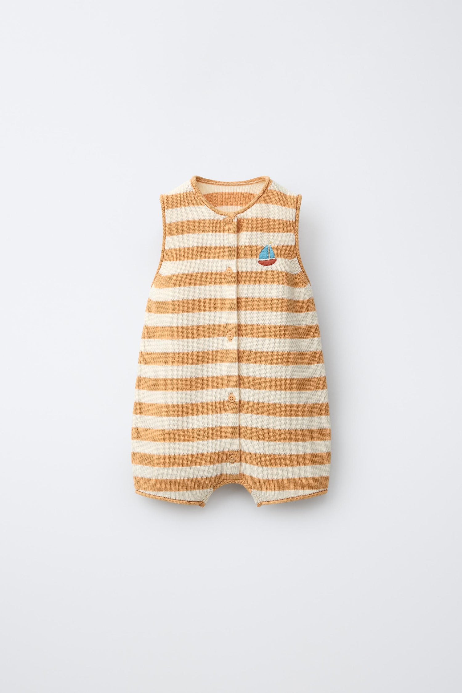 KNITTED STRIPED ROMPER WITH EMBROIDERED BOAT