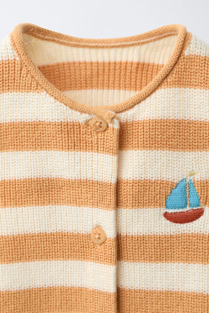 KNITTED STRIPED ROMPER WITH EMBROIDERED BOAT