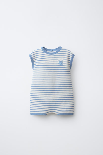 STRIPED KNIT BUNNY PATCH PLAYSUIT