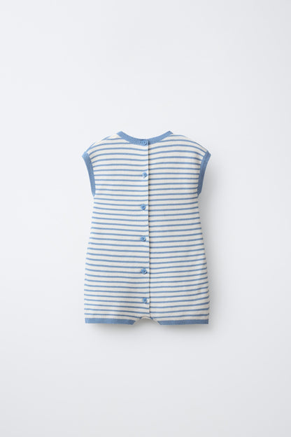 STRIPED KNIT BUNNY PATCH PLAYSUIT