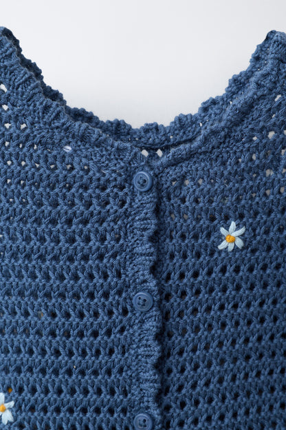 CUTWORK KNIT ROMPER WITH EMBROIDERED FLOWERS