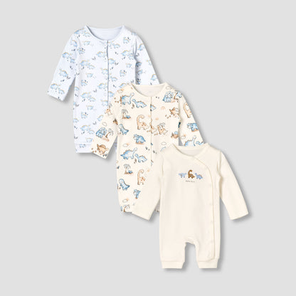 Pack of 3 Juniors Cotton Round Neck Long Sleeves Sleepsuit with Dinosaur Print