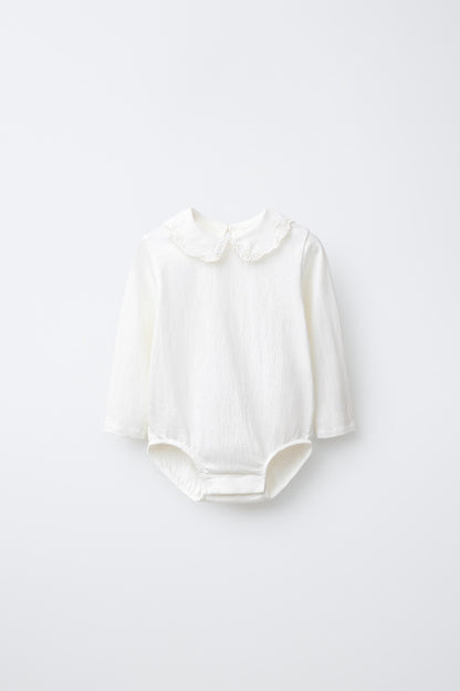 BODYSUIT WITH PETER PAN COLLAR AND SWISS EMBROIDERY - Oyster-white / 0-1 months (56 cm)