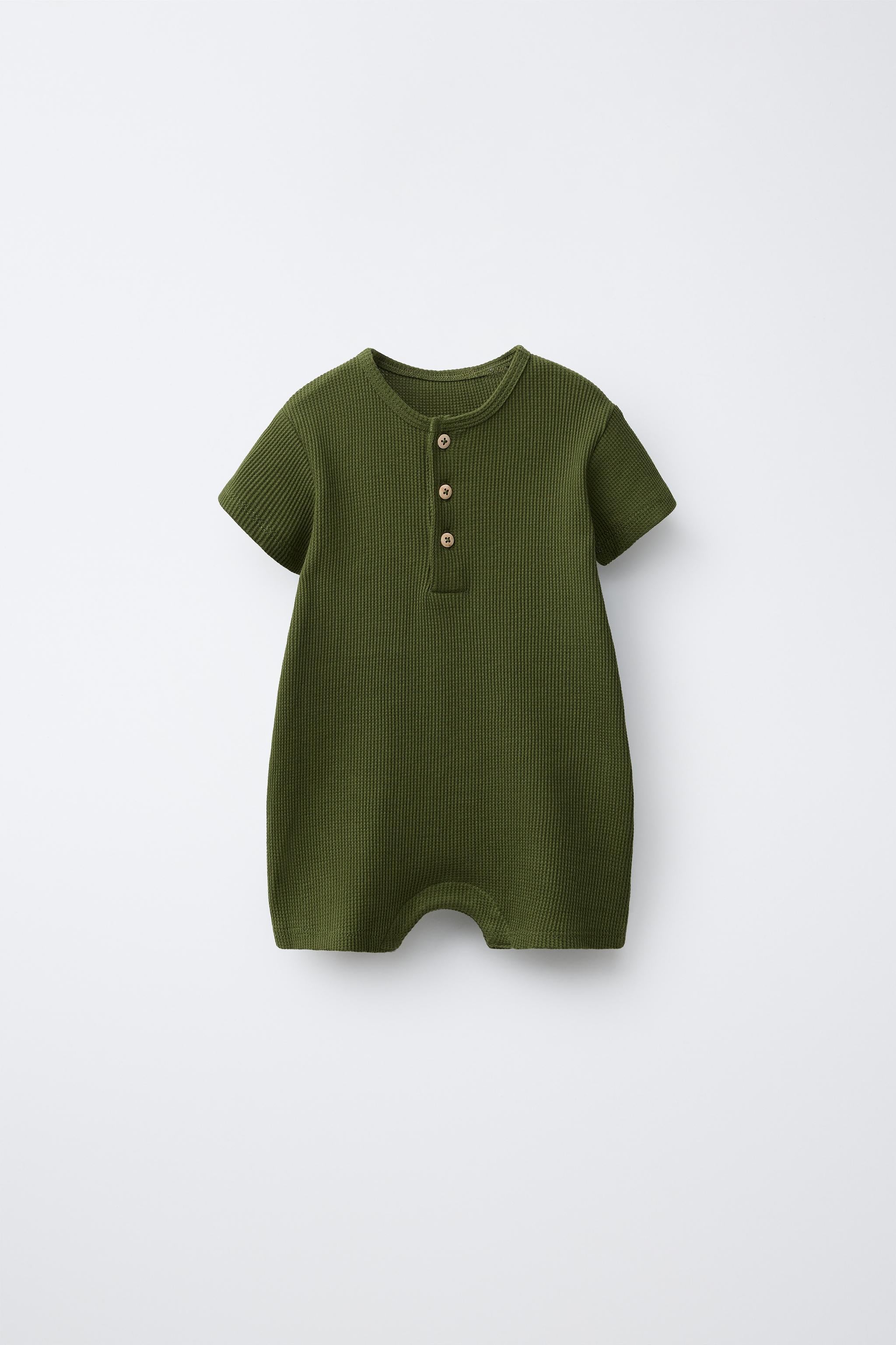WAFFLE-KNIT HENLEY ROMPER - Green / 12-18 months (86 cm)