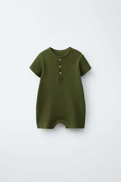 WAFFLE-KNIT HENLEY ROMPER - Green / 12-18 months (86 cm)