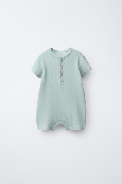 WAFFLE-KNIT HENLEY ROMPER - Sea green / 12-18 months (86 cm)