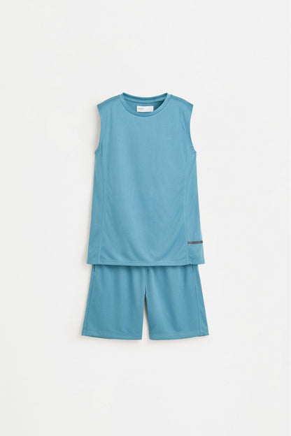Sleeveless sports co-ord with Bermuda shorts - FADED PETROL BLUE / 11-12 years