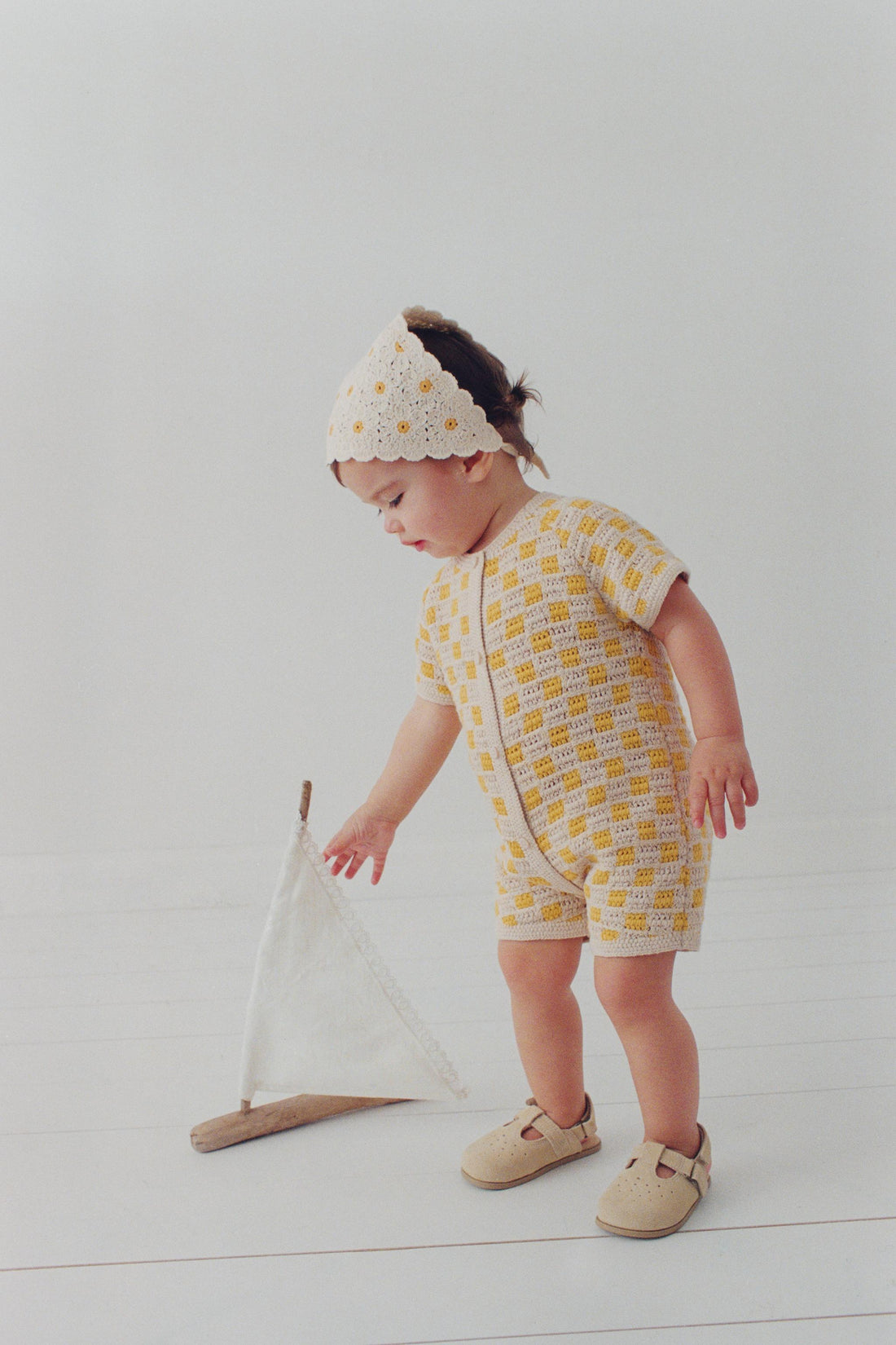 CHECK SHORT ROMPER - Ecru/Yellow / 12-18 months (86 cm)