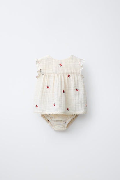 BLOUSE AND BRIEFS SET WITH EMBROIDERED CHERRIES