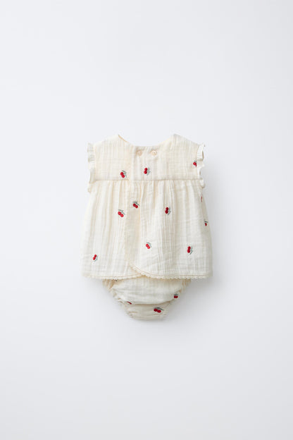 BLOUSE AND BRIEFS SET WITH EMBROIDERED CHERRIES