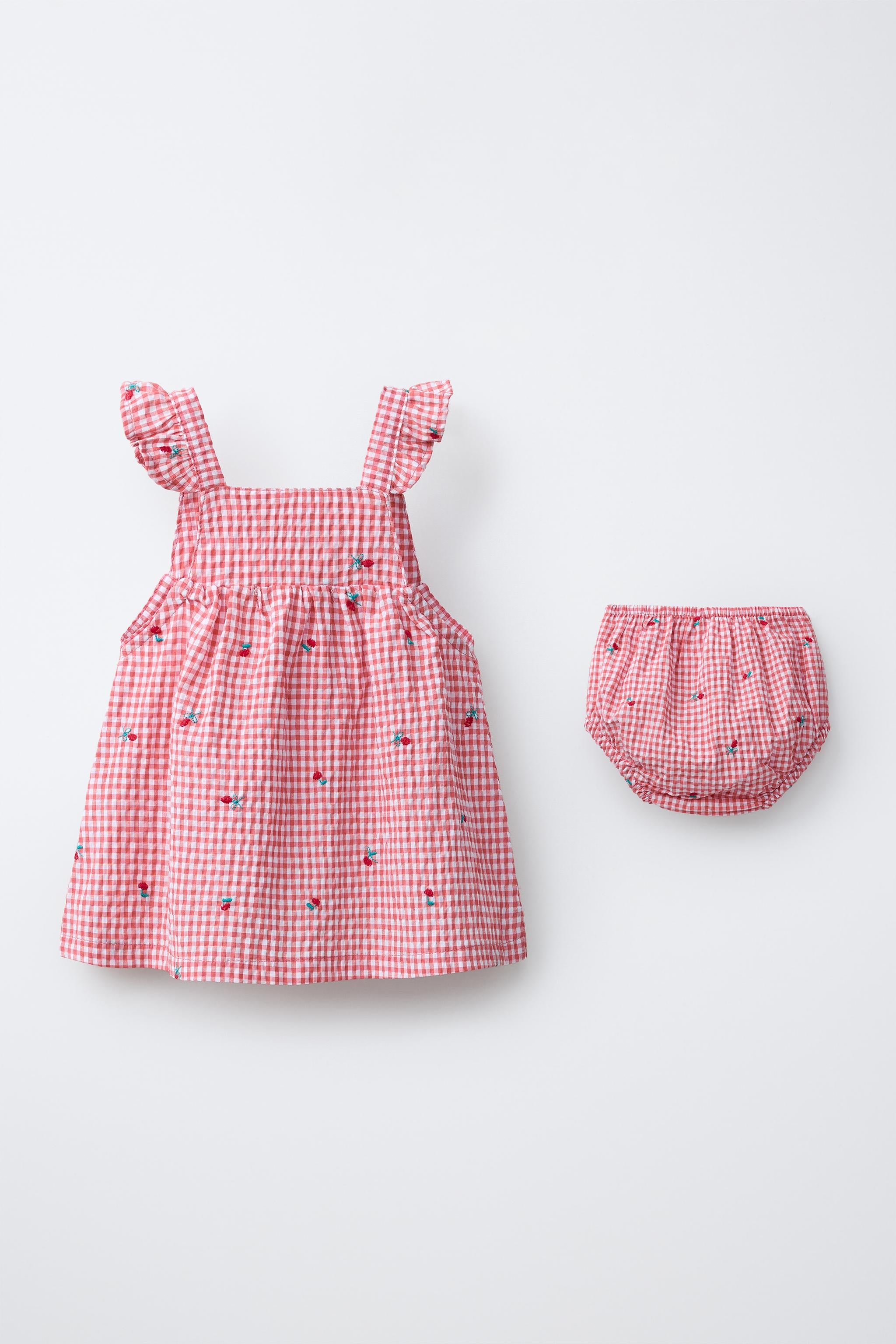 GINGHAM DRESS AND KNICKERS WITH EMBROIDERED FLOWERS