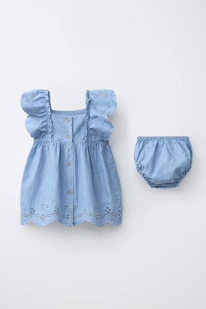 EMBROIDERED DENIM DRESS AND KNICKERS