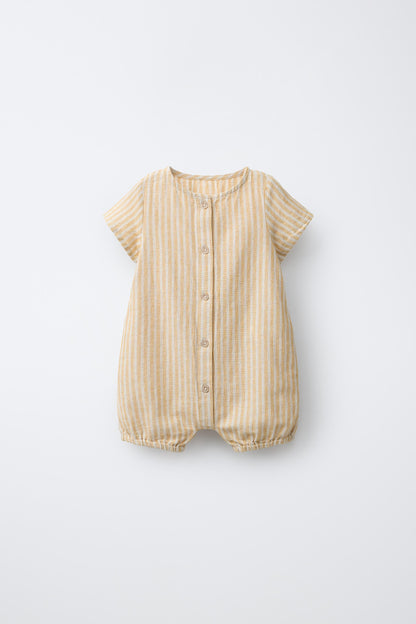 STRIPED COTTON AND LINEN ROMPER