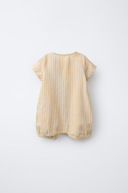 STRIPED COTTON AND LINEN ROMPER