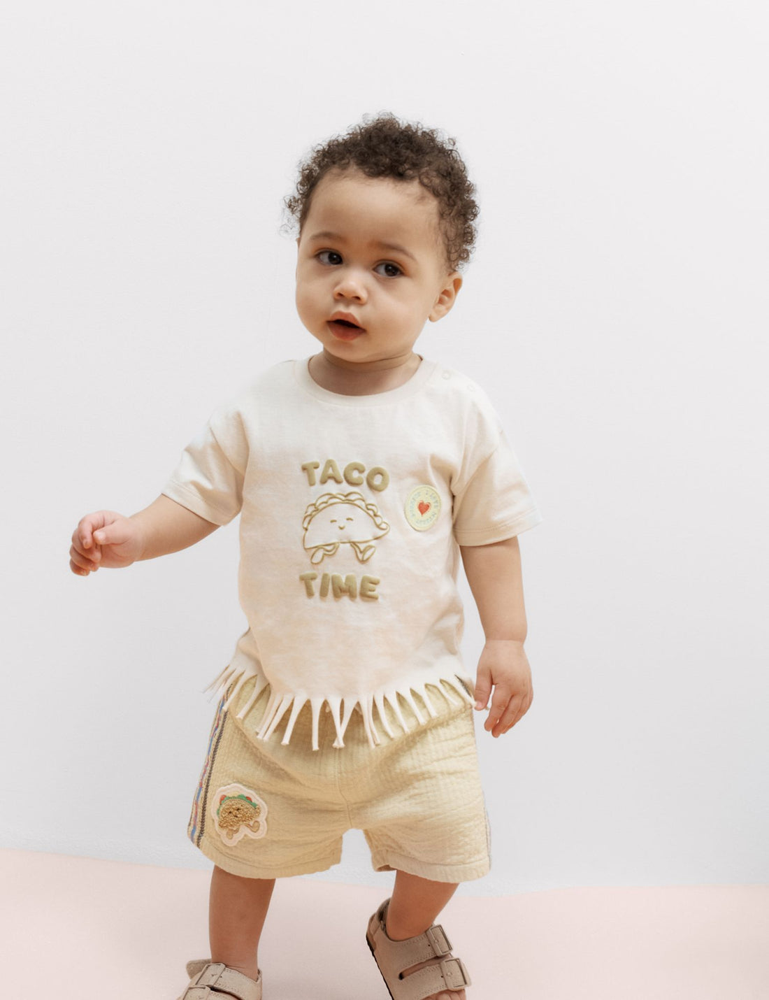 Pure Cotton Taco Fringe T-shirt and Shorts (0-5 Yrs) - CREAM MIX / 12-18 Months