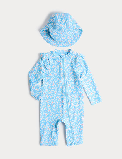 2 Piece Daisy All In One Swimsuit and Hat (0-5 Yrs) - BLUE MIX / 12-18 Months
