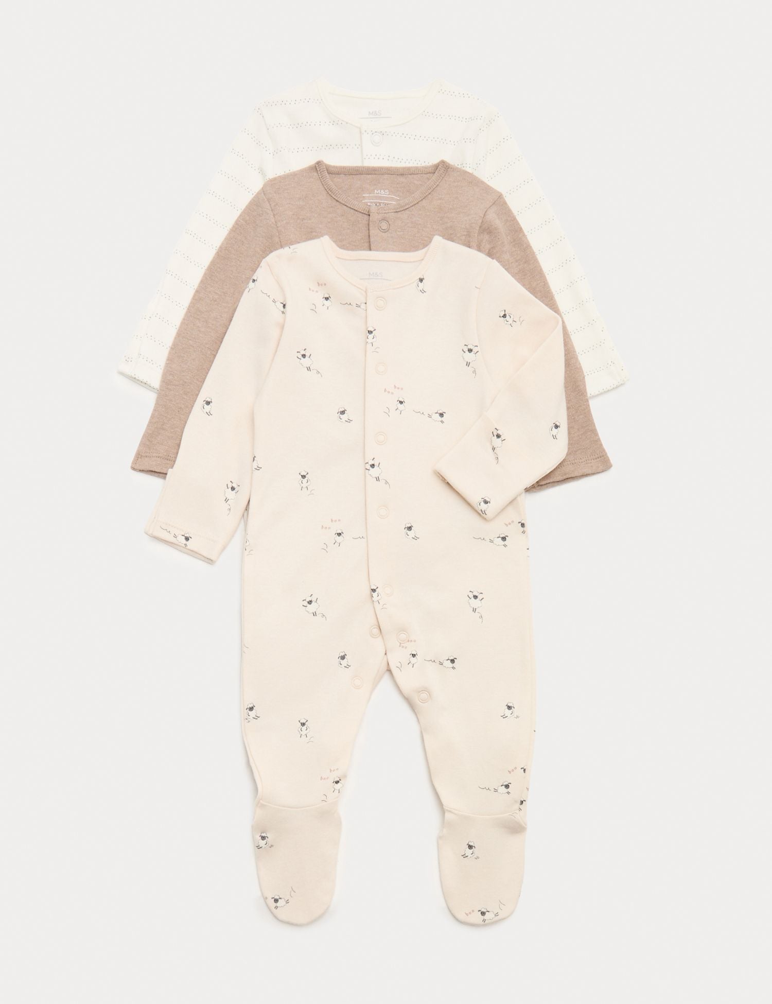 3 Pack Pure Cotton Sleepsuits (5lbs- 3 Yrs) - WHEAT / 12-18 Months