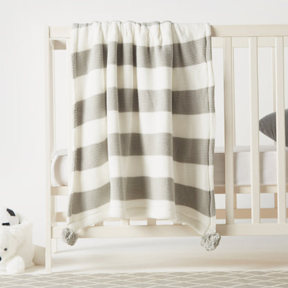 Juniors Striped Knitted Raschel Blanket with Pom Pom Detail - 100x80 cms - HomeBabyNurseryBlankets &amp; SwaddlesBlankets &amp; Quilts