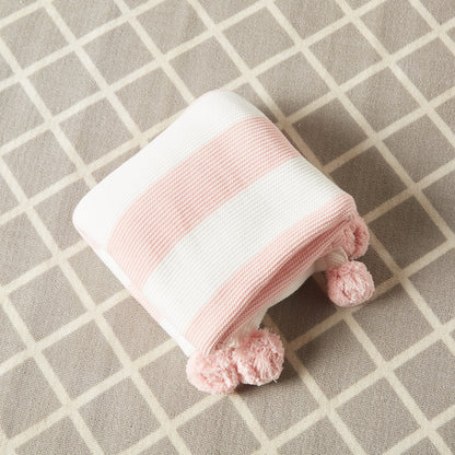 Juniors Striped Knitted Raschel Blanket with Pom Pom Detail - 100x80 cms