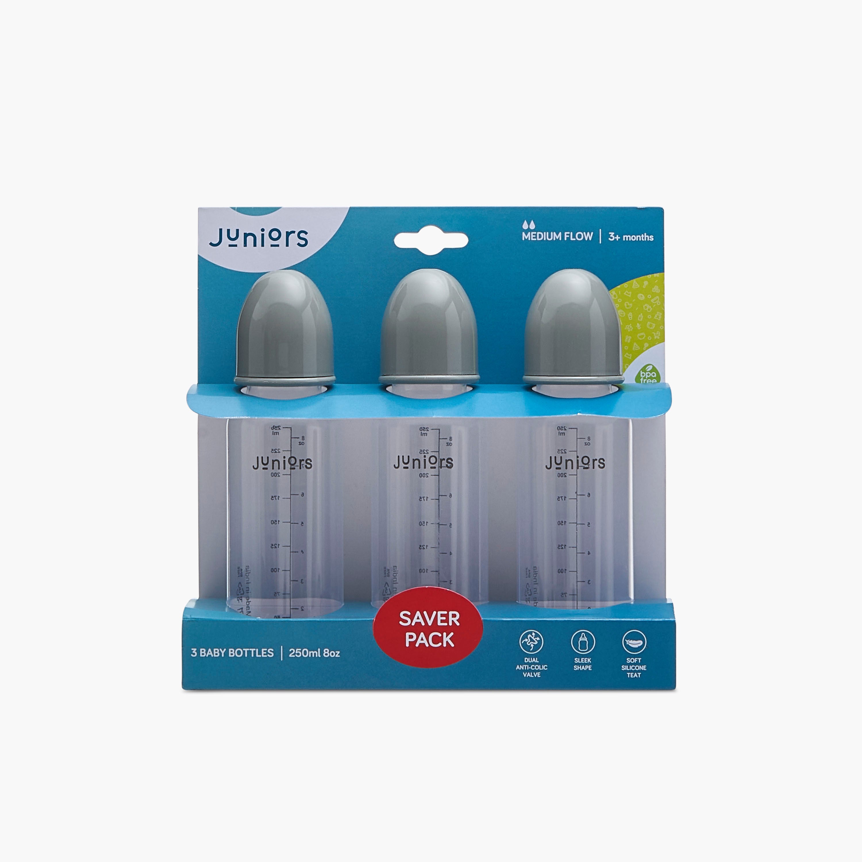 Juniors 3-Piece Medium Flow Feeding Bottle Set - 250 ml