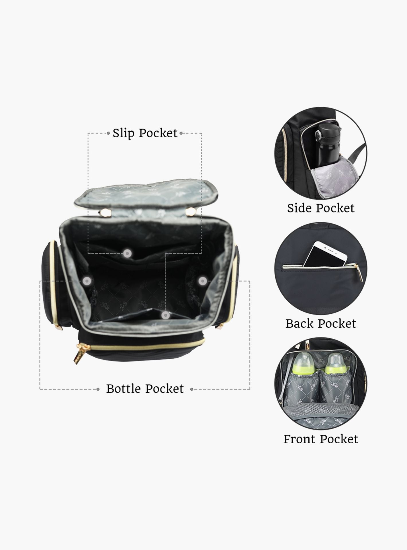 Little Story Georgia Diaper Bag With Changing Pad &amp; Stroller Hooks, Black-baby-gear-diaperbags-image-3