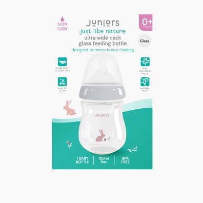 Juniors Just Like Nature 150 ml Glass Feeding Bottle with Anti-Colic Teat - Grey