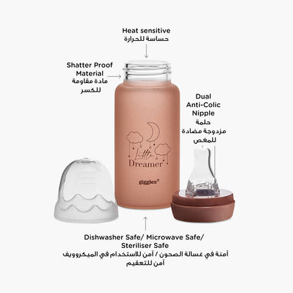 Giggles Printed Glass Feeding Bottle with Cap - 120 ml
