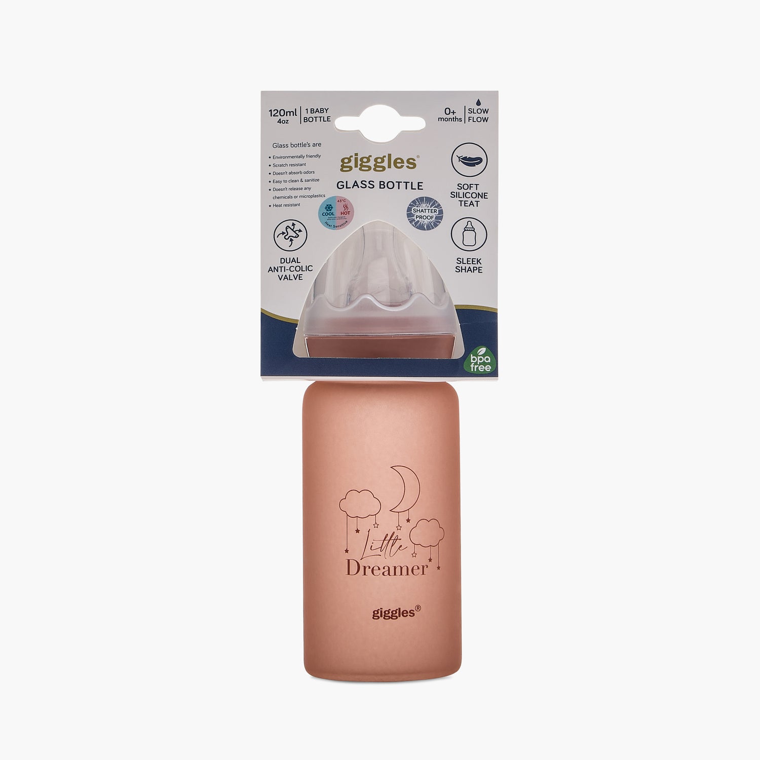Giggles Printed Glass Feeding Bottle with Cap - 120 ml