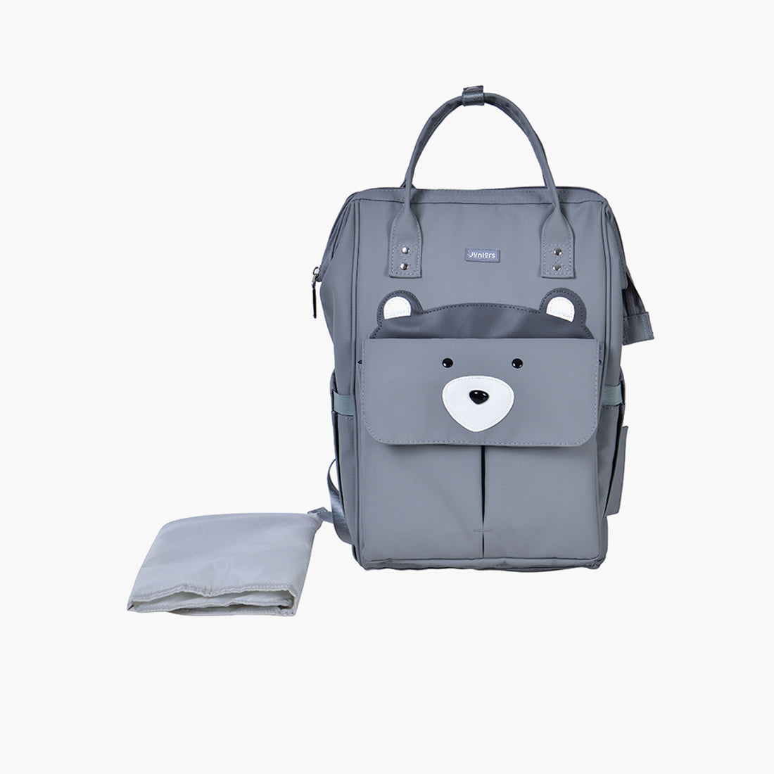 Juniors Bear Applique Diaper Backpack with Adjustable Straps and Zip Closure - Grey