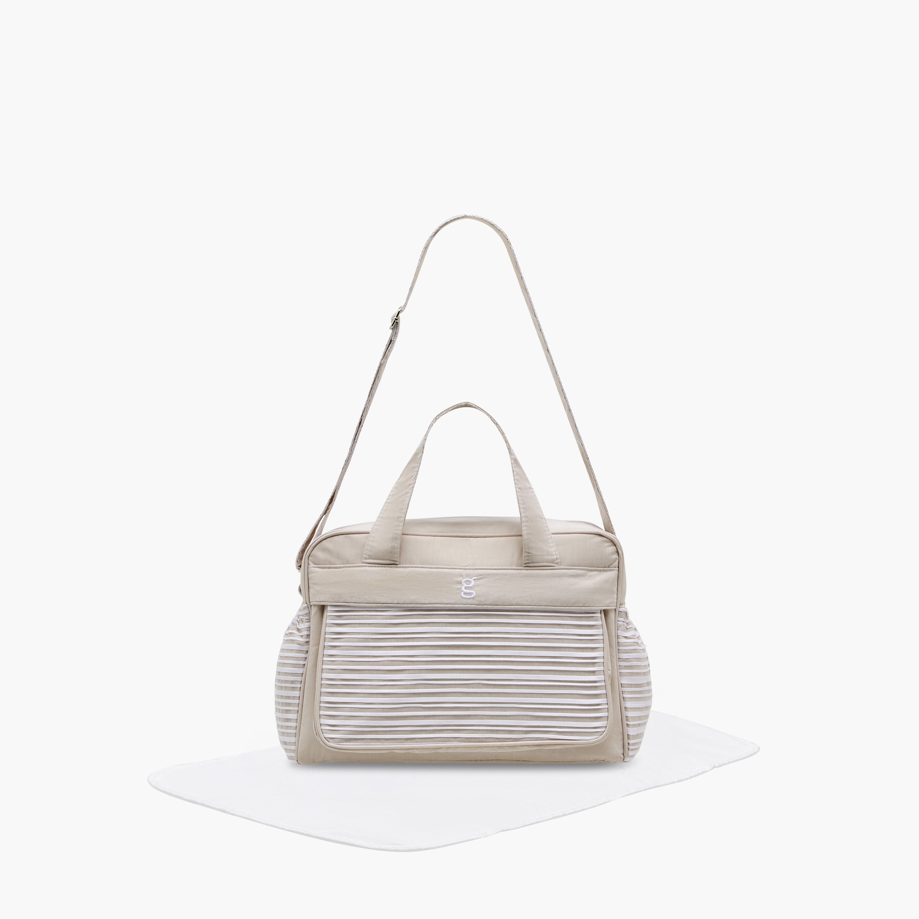 Giggles Striped Diaper Bag with Zip Closure and Adjustable Strap - Beige