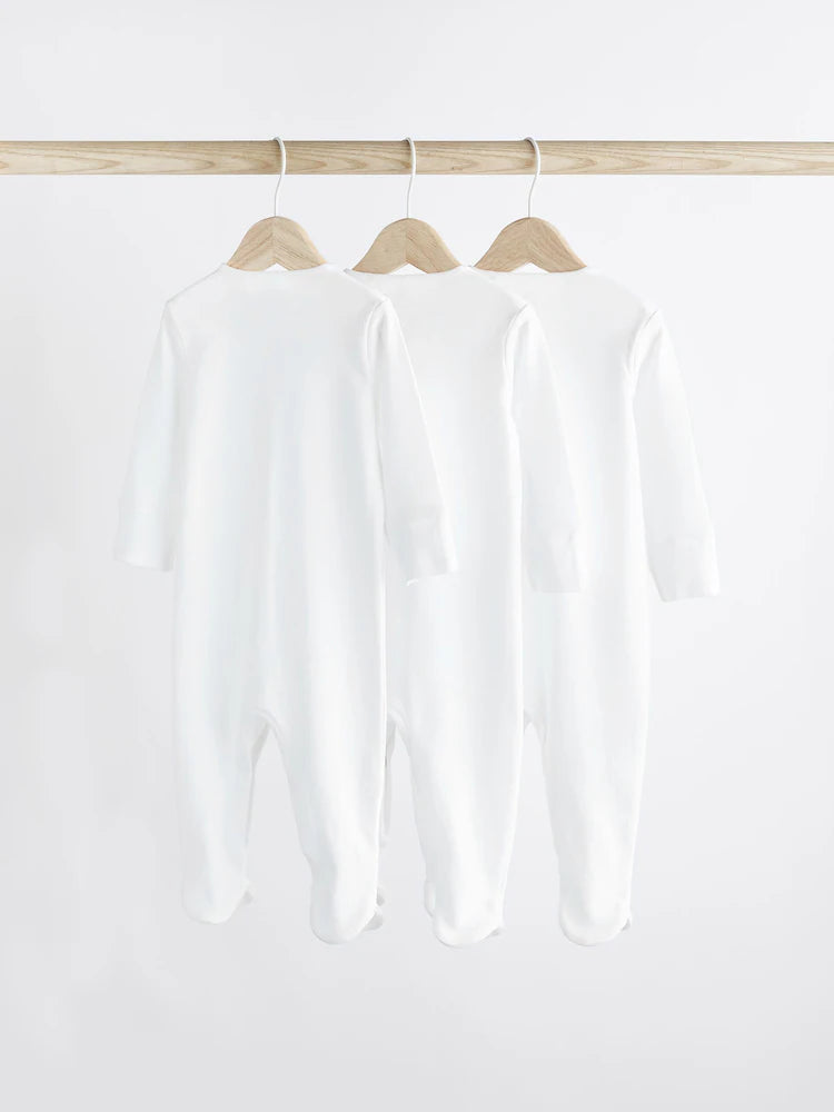 White 3 Pack 100% Cotton Baby Sleepsuits (0-18mths)