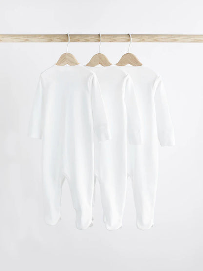 White 3 Pack 100% Cotton Baby Sleepsuits (0-18mths)