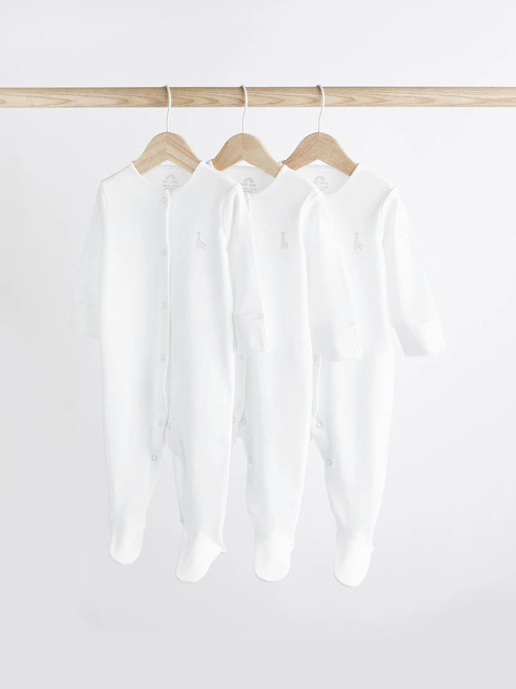 White 3 Pack 100% Cotton Baby Sleepsuits (0-18mths)