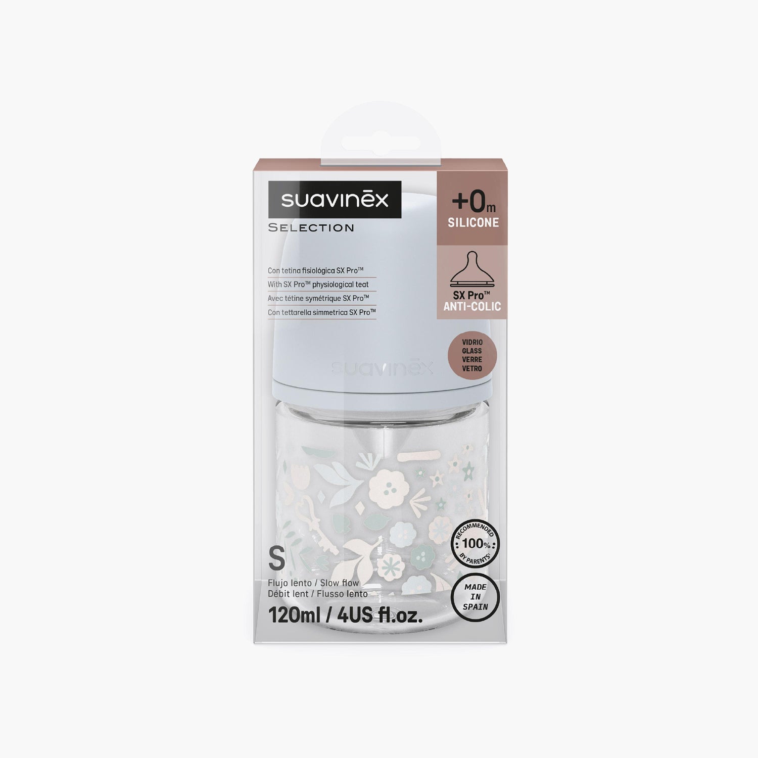 Suavinex Glass Slow Flow Feeding Bottle with Teat - 120 ml