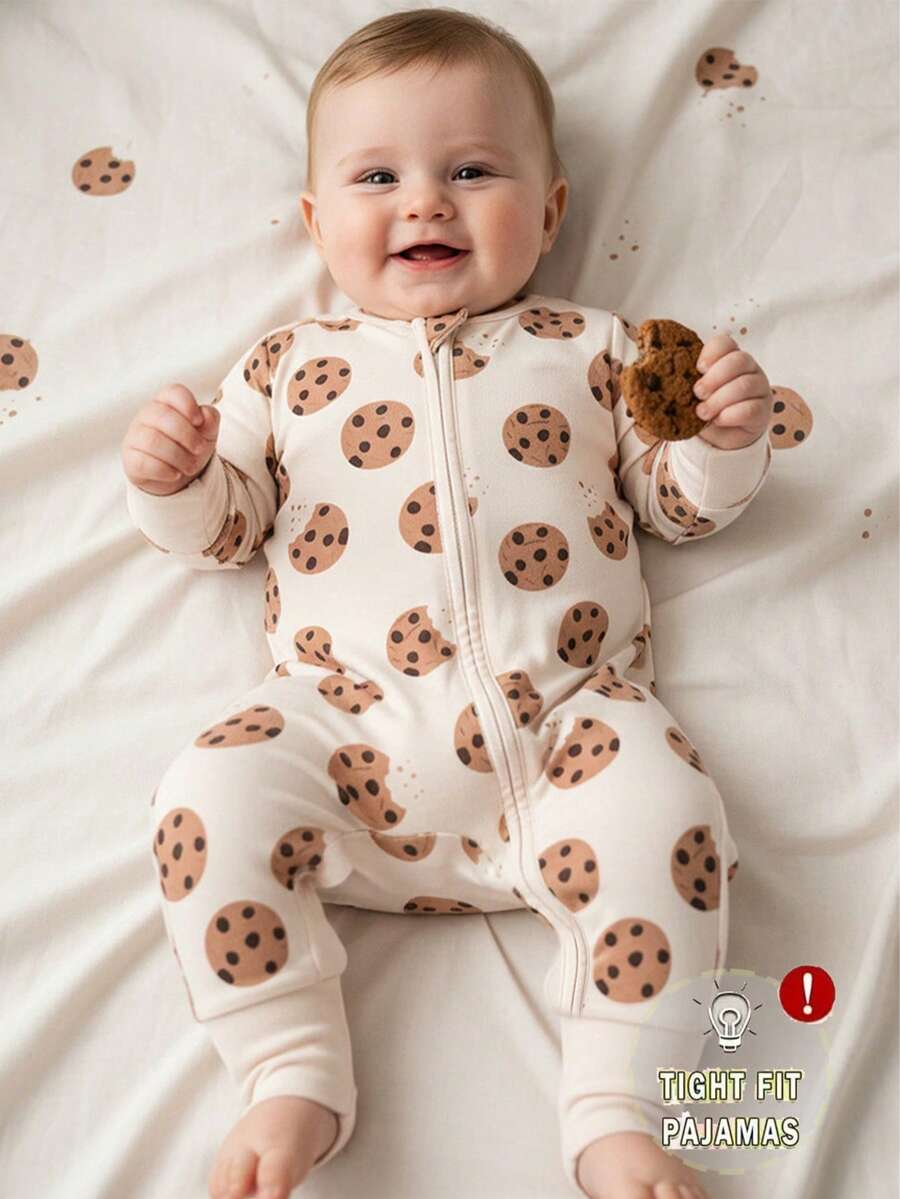 Baby Boy Cookie Print Double Zipper Long Sleeve One Piece Pajamas Beige Autumn Winter Cute Japanese Style Round Neck Soft Comfortable