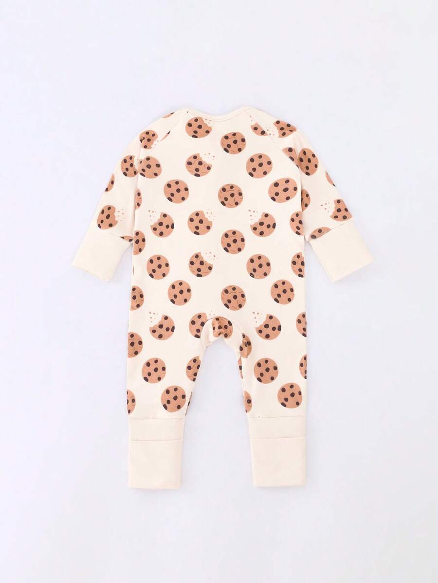 Baby Boy Cookie Print Double Zipper Long Sleeve One Piece Pajamas Beige Autumn Winter Cute Japanese Style Round Neck Soft Comfortable