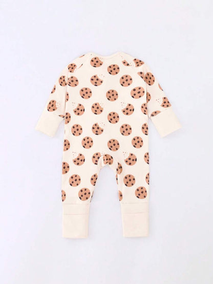 Baby Boy Cookie Print Double Zipper Long Sleeve One Piece Pajamas Beige Autumn Winter Cute Japanese Style Round Neck Soft Comfortable