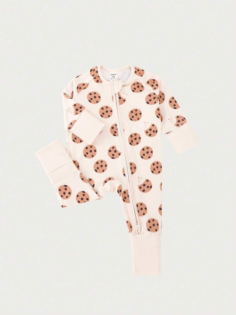 Baby Boy Cookie Print Double Zipper Long Sleeve One Piece Pajamas Beige Autumn Winter Cute Japanese Style Round Neck Soft Comfortable