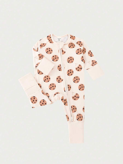 Baby Boy Cookie Print Double Zipper Long Sleeve One Piece Pajamas Beige Autumn Winter Cute Japanese Style Round Neck Soft Comfortable