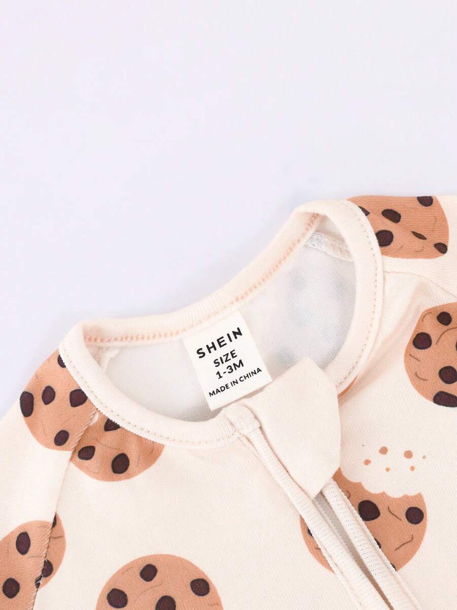Baby Boy Cookie Print Double Zipper Long Sleeve One Piece Pajamas Beige Autumn Winter Cute Japanese Style Round Neck Soft Comfortable