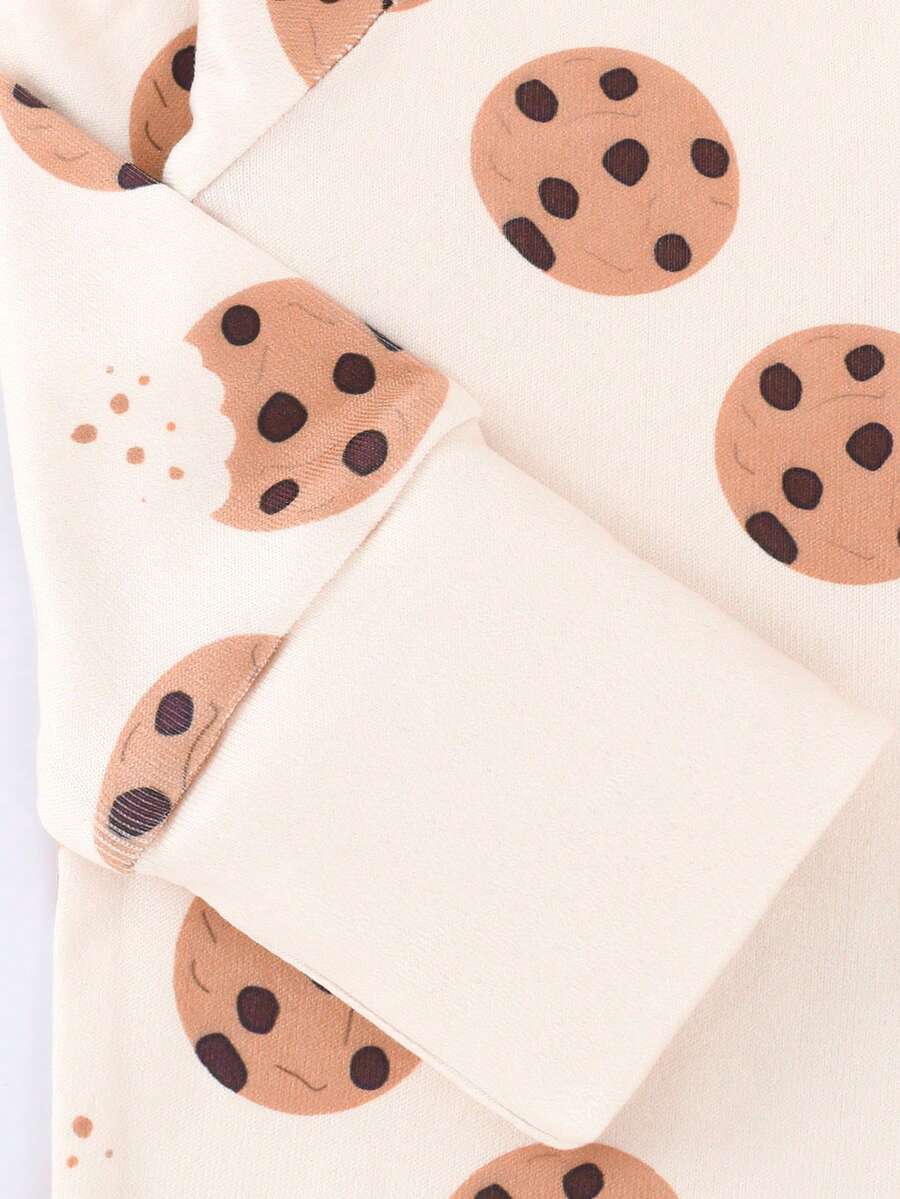 Baby Boy Cookie Print Double Zipper Long Sleeve One Piece Pajamas Beige Autumn Winter Cute Japanese Style Round Neck Soft Comfortable