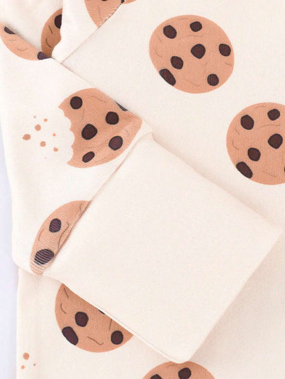 Baby Boy Cookie Print Double Zipper Long Sleeve One Piece Pajamas Beige Autumn Winter Cute Japanese Style Round Neck Soft Comfortable