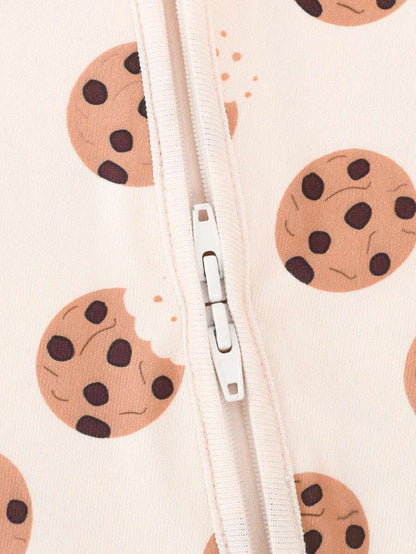 Baby Boy Cookie Print Double Zipper Long Sleeve One Piece Pajamas Beige Autumn Winter Cute Japanese Style Round Neck Soft Comfortable