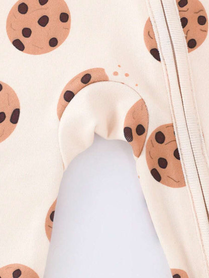 Baby Boy Cookie Print Double Zipper Long Sleeve One Piece Pajamas Beige Autumn Winter Cute Japanese Style Round Neck Soft Comfortable