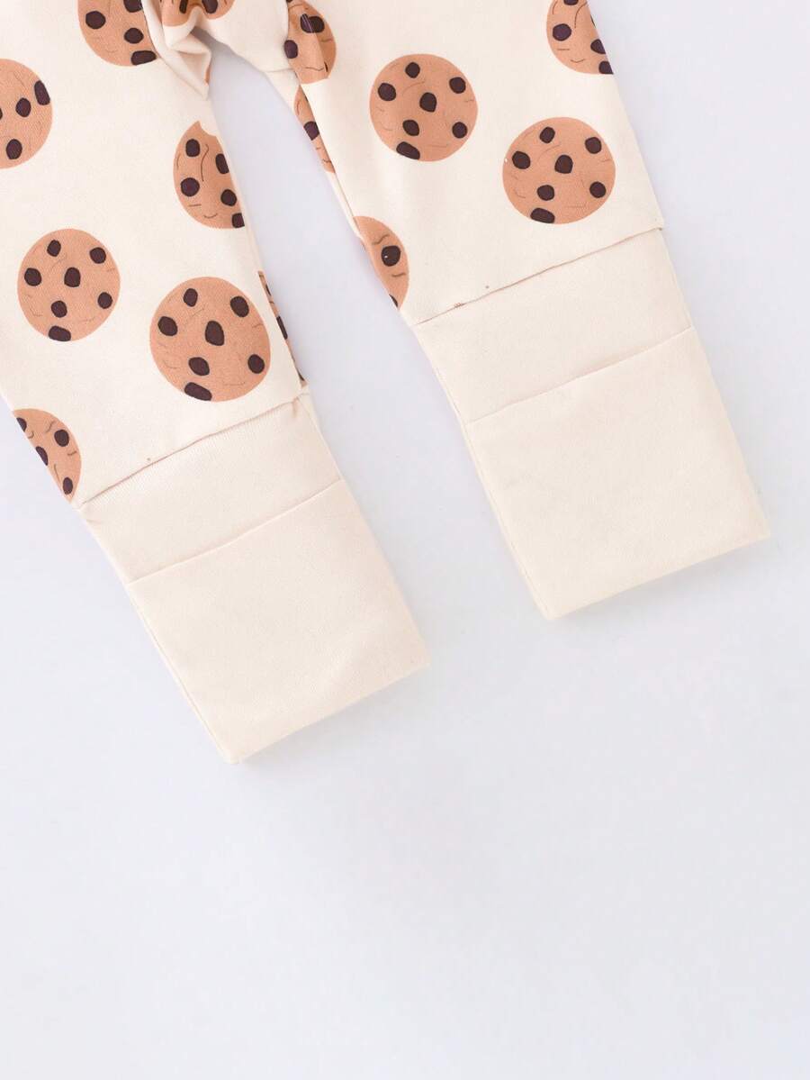 Baby Boy Cookie Print Double Zipper Long Sleeve One Piece Pajamas Beige Autumn Winter Cute Japanese Style Round Neck Soft Comfortable