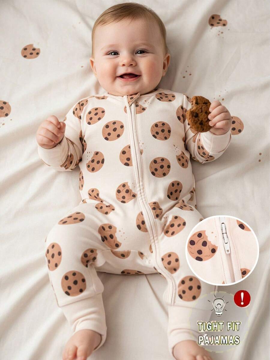 Baby Boy Cookie Print Double Zipper Long Sleeve One Piece Pajamas Beige Autumn Winter Cute Japanese Style Round Neck Soft Comfortable