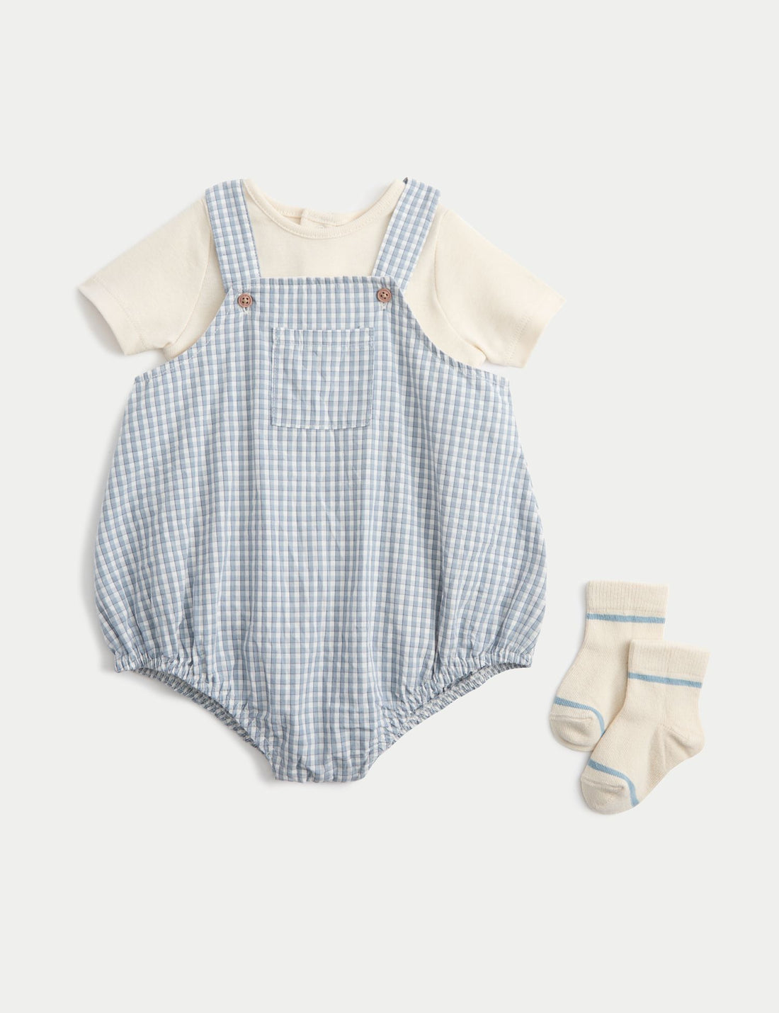 3 Piece Cotton Rich Gingham Paddler Bodysuit and Socks Outfit (7lbs-3 Yrs) - LIGHT DUCK EGG / 0-3 Months