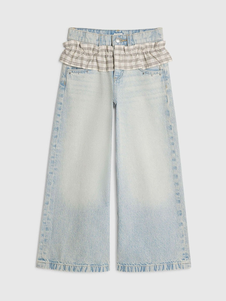 River Island Blue Wide Leg Check Frilled Waist Jeans
