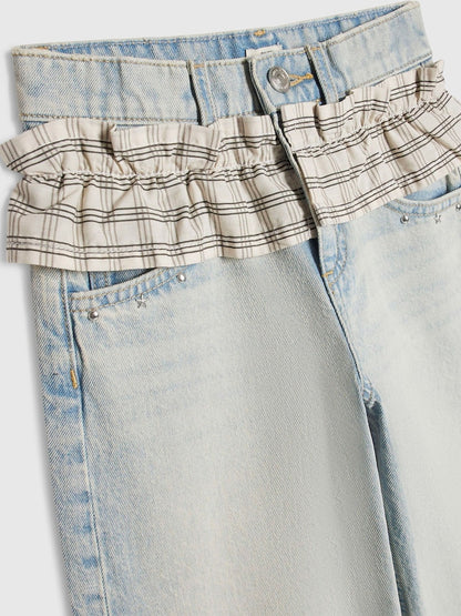 River Island Blue Wide Leg Check Frilled Waist Jeans