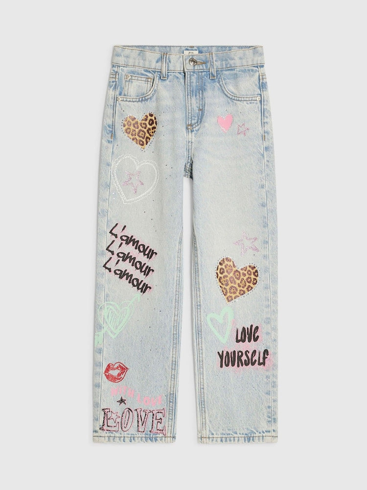 River Island Blue Light Wash Leopard Heart Straight Fit Jeans